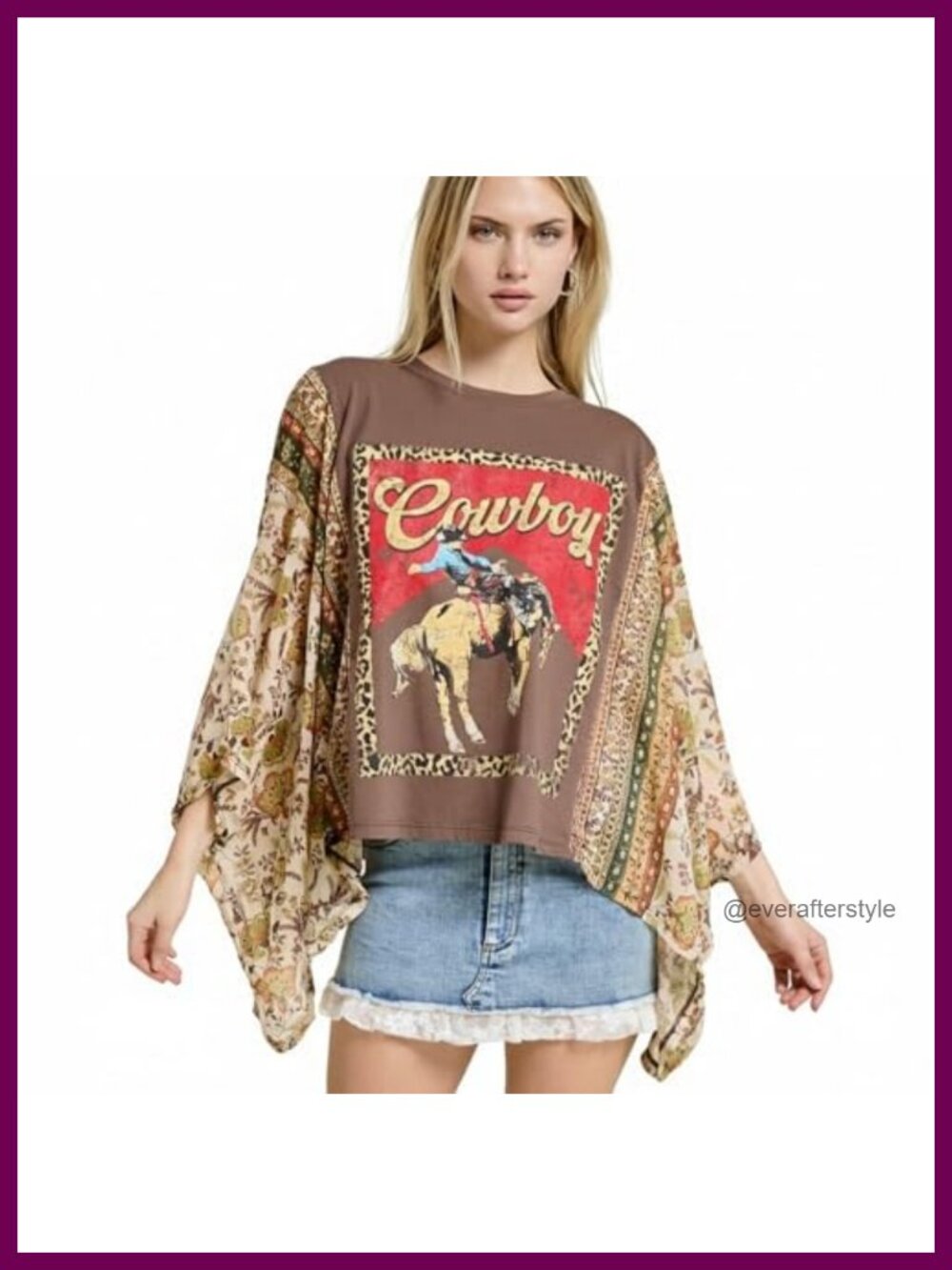 Women's Western Graphic Tee, Flowy Poncho Fit, Floral Sleeves, Oversized Cotton